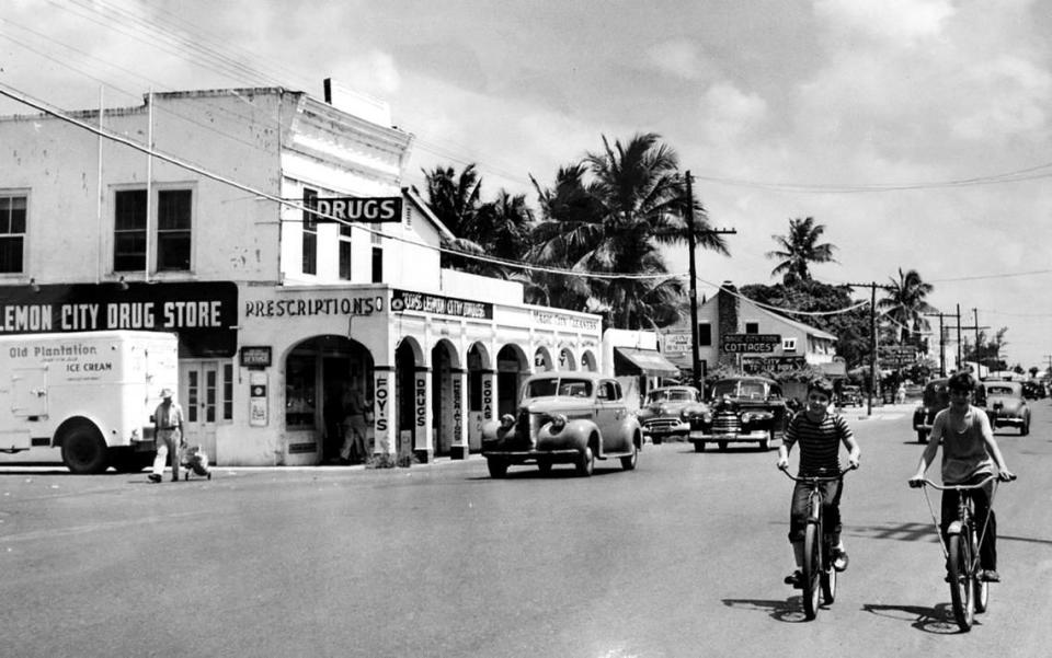 The DuPuis medical office and Lemon City Drug Store, with its characteristic sidewalk arcade on Northeast Second Avenue in Miami, as photographed in 1948.