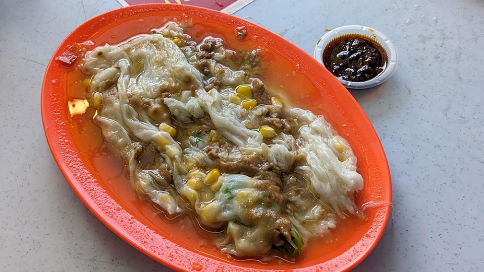 Minced Pork and Corn Cheung Fun served 'Guangxi style', a unique and delicious choice of filling.