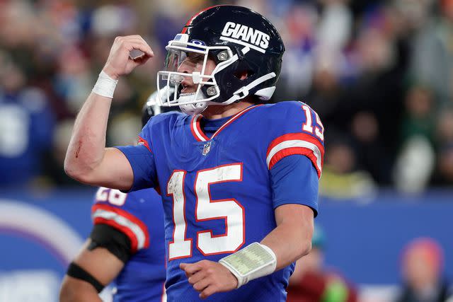 <p>Jim McIsaac/Getty</p> Tommy DeVito #15 of the New York Giants reacts against the Green Bay Packers at MetLife Stadium on December 11, 2023