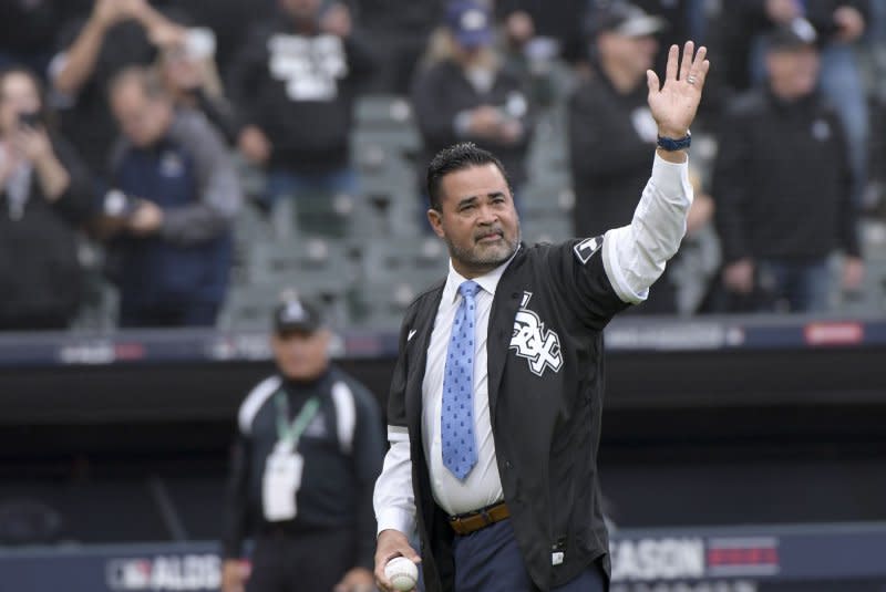 Ozzie Guillén acknowledges fans before throwing out the first pitch of Game 4 of the MLB ALDS against the Houston Astros at Guaranteed Rate Field in Chicago on October 12, 2021. The former White Sox manager turns 60 on January 20. File Photo by Mark Black/UPI