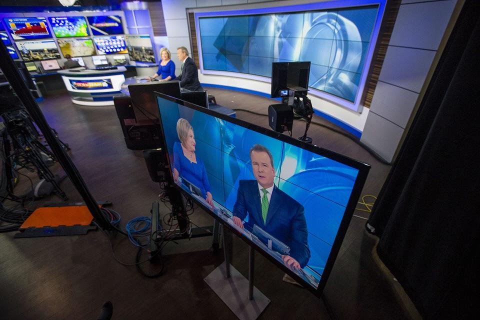 WNDU News Center 16 anchor Maureen McFadden and her brother Terry McFadden anchor the 6 p.m. broadcast during her final day of a 40-year-career Friday, March 15, 2019 at the station in South Bend.