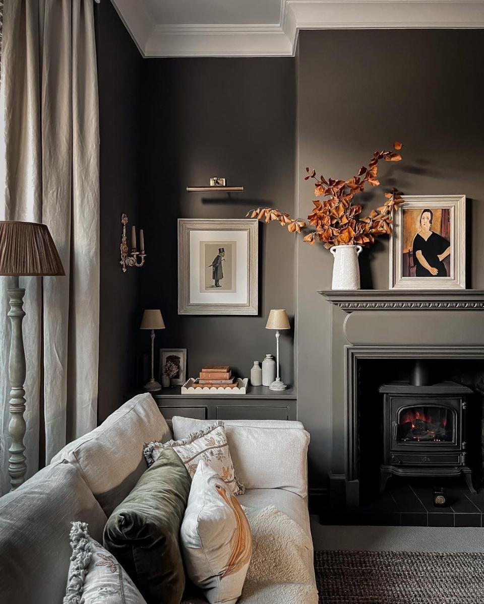 Living room with dark gray walls