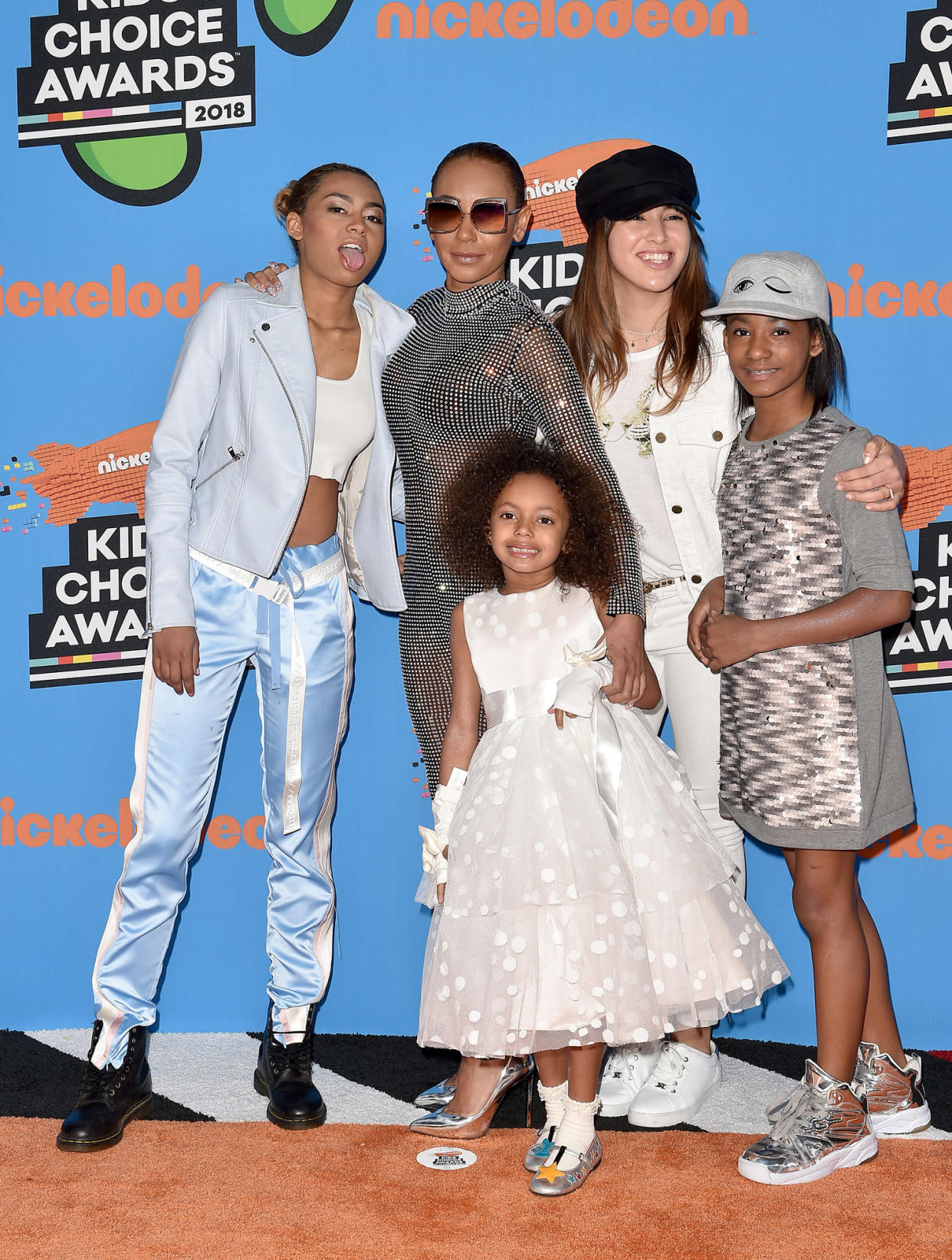 Phoenix Chi Gulzar, Mel B, Madison Brown Belafonte, Giselle Belafonte, and Angel Iris Murphy Brown attend Nickelodeon's 2018 Kids' Choice Awards at The Forum on March 24, 2018 in Inglewood, California. (Axelle/Bauer-Griffin / FilmMagic)