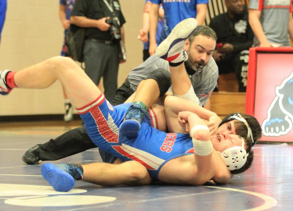 River Valley freshman A.J. Thorpe nears a pin of Lakewood freshman Ben Nieves in a 150-pound match during the Division II sectional tournament at Licking Valley on Saturday, Feb. 25, 2023. Thorpe placed fourth to qualify for district.