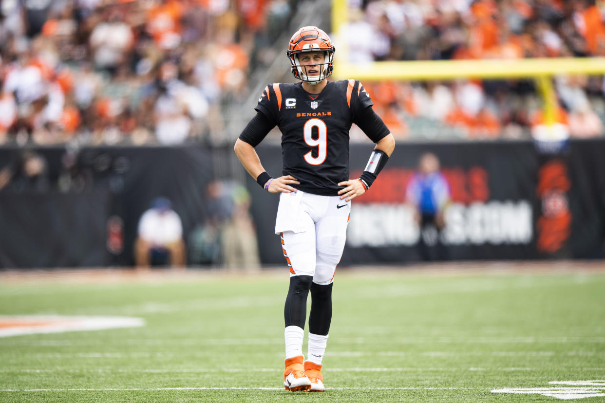 Cincinnati Bengals quarterback Joe Burrow (9) looks on during an NFL football game against the Baltimore Ravens on Sunday, Sept. 17, 2023, in Cincinnati. (AP Photo/Emilee Chinn)