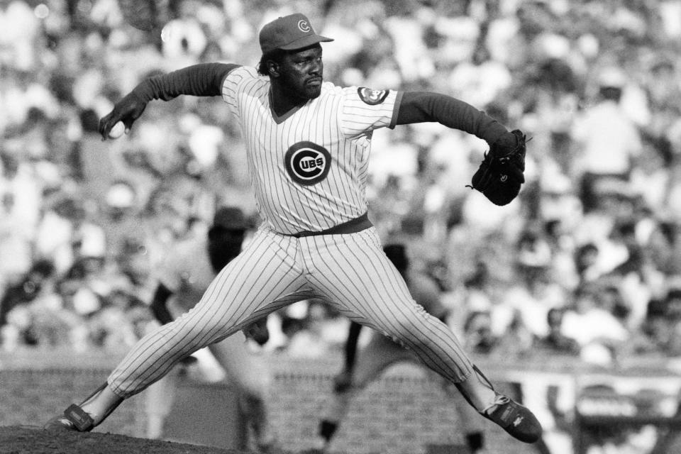 FILE - In this Dec. 8, 1987, file photo, Chicago Cubs relief pitcher Lee Smith works against the San Francisco Giants during a baseball game, in Chicago. Lee Smith will be inducted into the Baseball Hall of Fame on Sunday, July 21, 2019. (AP Photo/Bob Fila, File)