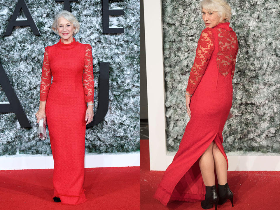 <p>Leave it to Helen Mirren to completely dominate the red carpet. Earlier this week, the 71-year-old stepped out in an all-blue outfit, closely followed by this stunning red gown with lace detailing on the back. </p>