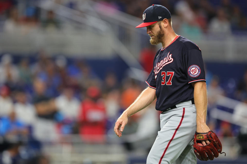 MIAMI, FLORIDA - JUNE 09: Stephen Strasburg #37 of the Washington Nationals reacts as he is taken out of the game by manager Dave Martinez #4 (not pictured) during the fifth inning against the Miami Marlins at loanDepot park on June 09, 2022 in Miami, Florida. (Photo by Michael Reaves/Getty Images)