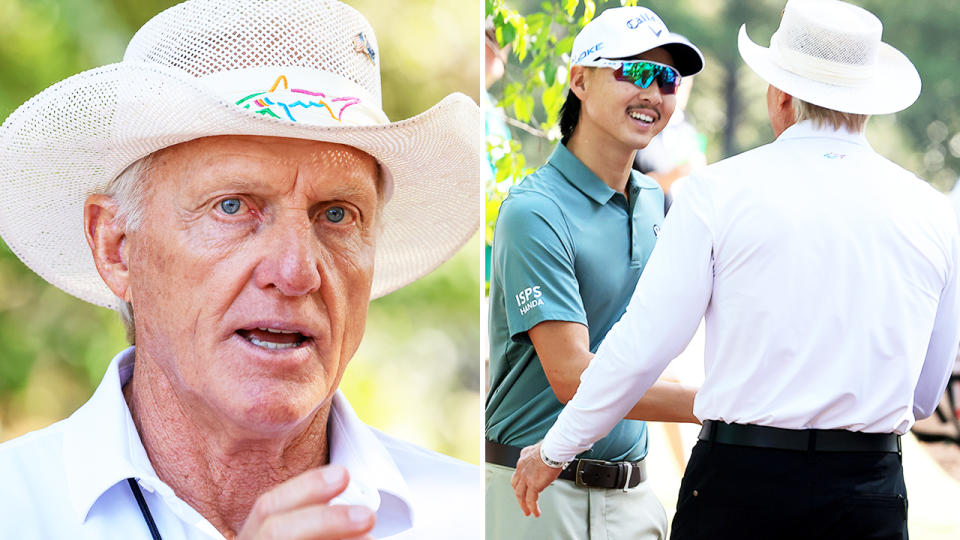 Pictured left Greg Norman and right with Min Woo Lee