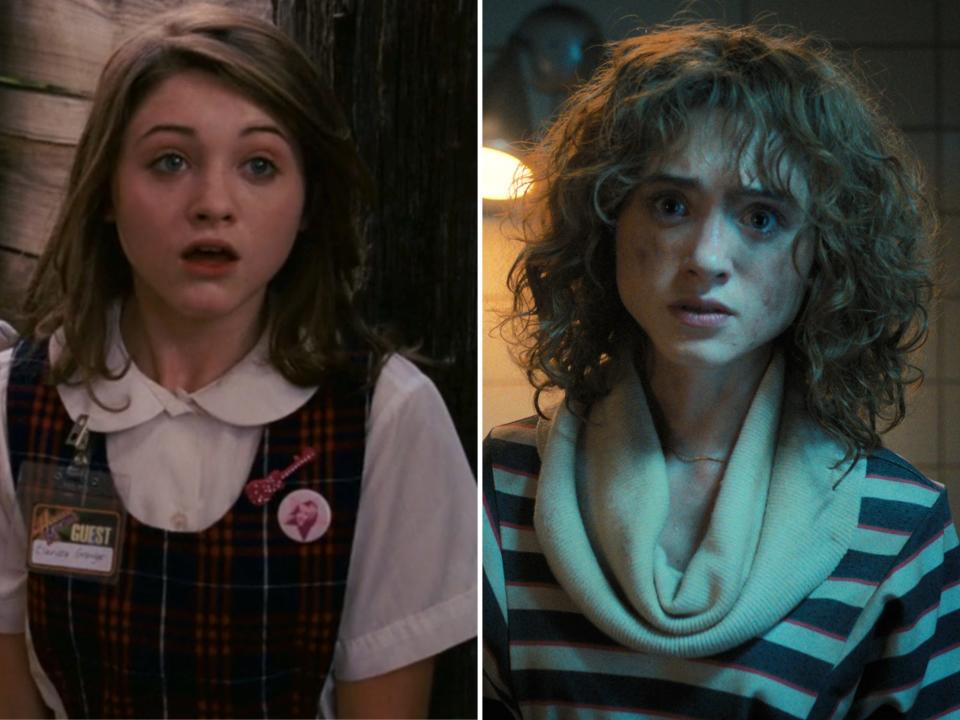 left: a young natalia dyer with a surprised expression on her face, wearing a school uniform and with her hair straight and down; right: natalia dyer older in stranger things, with grime on her face and looking deadly serious in a striped shirt and scarf.