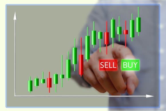 A finger pointing at a graph of ascending red and green bars with the words "SELL" and "BUY" written on them