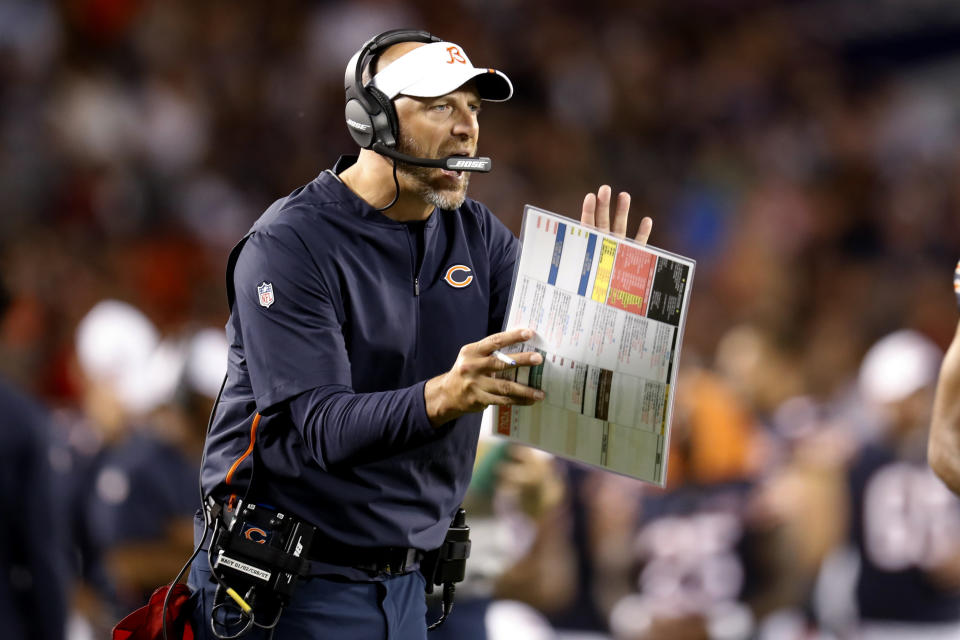 Chicago Bears coach Matt Nagy encourages his team during the second half of an NFL preseason football game against the Carolina Panthers on Thursday, Aug. 8, 2019, in Chicago. (AP Photo/Amr Alfiky)