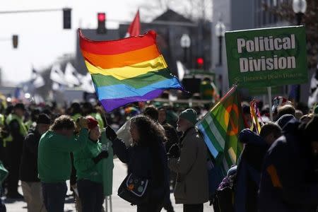 Gay rights advocates prepare to march in an equality parade immediately after the annual South Boston St. Patrick's Day parade in Boston, Massachusetts March 16, 2014. REUTERS/Dominick Reuter