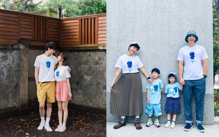 IG紅人Nate&侶安情侶檔和諾樂兄妹一家人都穿上UNIQLO DORAEMON UT系列的3D未來系款式。（圖／品牌提供）