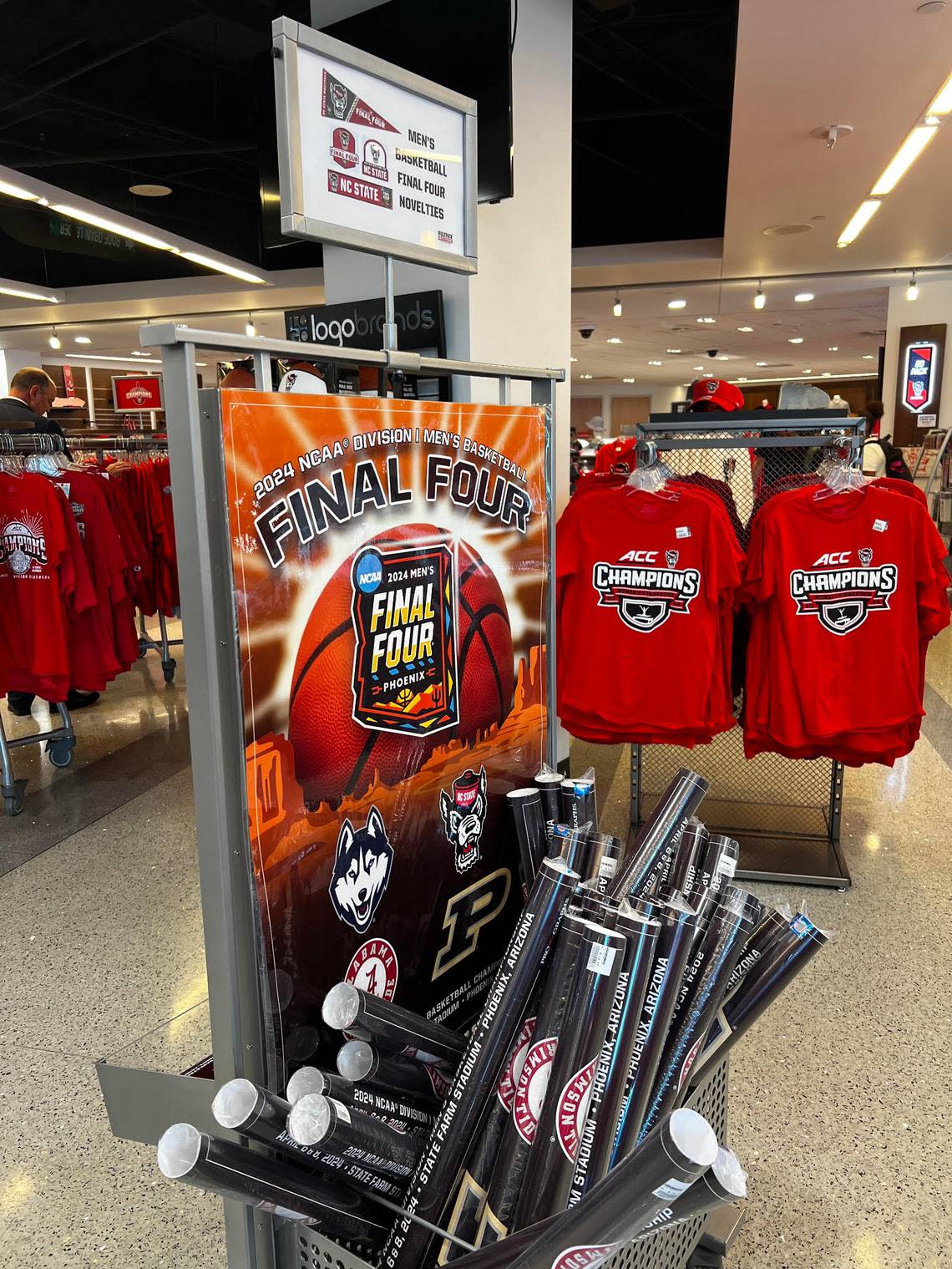 Wolfpack Outfitters on the NCSU campus is selling a range of items that celebrate the men’s and women’s basketball teams’ success so far in the NCAA tournament. Final Four items are moving fast. Jennifer Gilmore/N.C. State University
