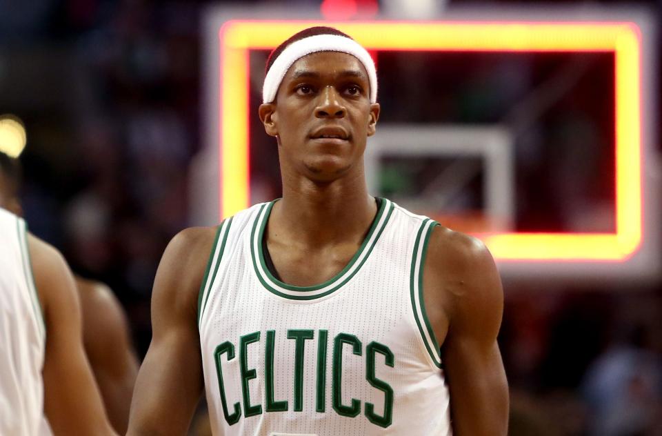 BOSTON, MA - NOVEMBER 14:  Rajon Rondo #9 of the Boston Celtics looks on after failing to take a shot as time expired against the Cleveland Cavaliers at TD Garden on November 14, 2014 in Boston, Massachusetts. NOTE TO USER: User expressly acknowledges and agrees that, by downloading and or using this photograph, User is consenting to the terms and conditions of the Getty Images License Agreement.  (Photo by Mike Lawrie/Getty Images)