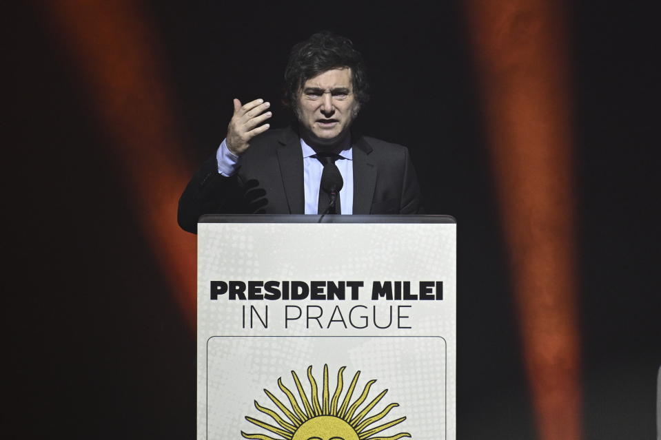 Argentine President Javier Milei speaks at a conference, in Prague, Czech Republic, Monday, June 24, 2024. (Katerina Sulova/CTK via AP)