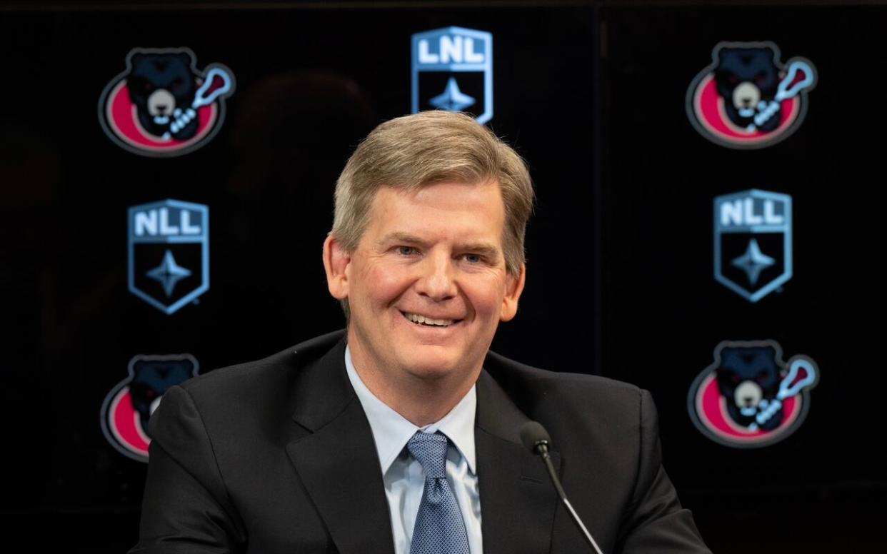 GF Sports and Entertainment's Erik Baker smiles during an announcement on Feb. 21, 2024 the National Lacrosse League's New York Riptide will be moving north and becoming the Ottawa Black Bears. (Adrian Wyld/The Canadian Press - image credit)
