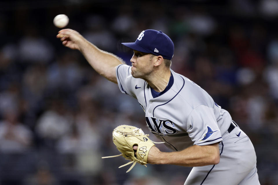 Tampa Bay Rays pitcher Jason Adam throws during the ninth inning of the team's baseball game against the New York Yankees on Monday, Aug. 15, 2022, in New York. The Rays won 4-0. (AP Photo/Adam Hunger)