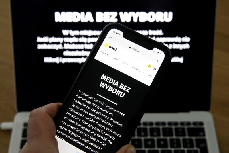 The pages of Poland's main private internet portals have black pages with the slogan 'Media without choice' in protest against a proposed media advertising tax