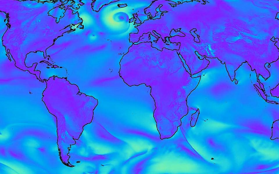 World map with weather systems on it in indigo and acid green colors