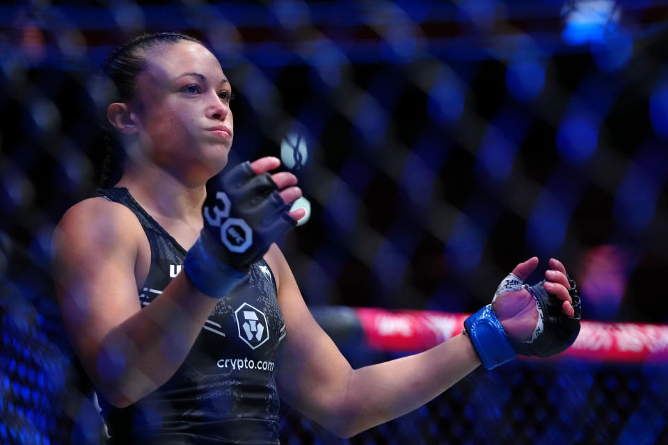 Sep 16, 2023; Las Vegas, Nevada, USA; Marnic Mann (blue gloves) prepares to fight Josefine Knutsson (not pictured) during UFC Fight Night at T-Mobile Arena. Mandatory Credit: Stephen R. Sylvanie-USA TODAY Sports