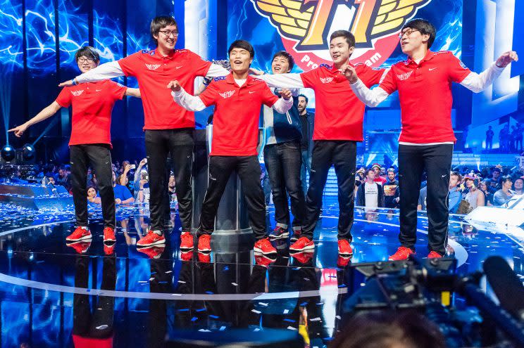 The SK Telecom T1 #2 lineup at the Season 3 League of Legends World Championship (Riot Games/lolesports)