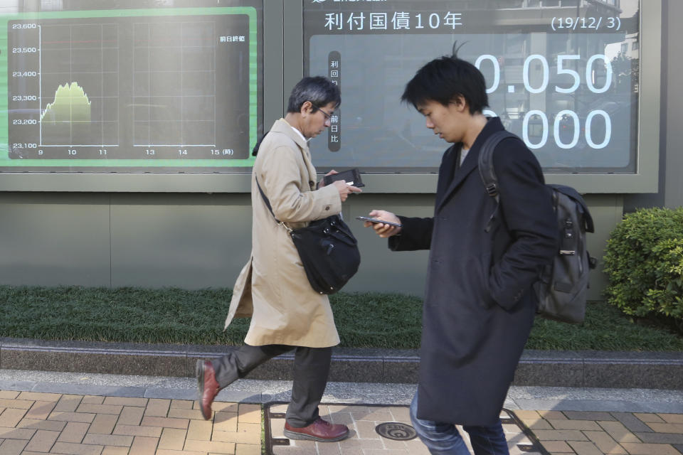 People walk by an electronic stock board of a securities firm in Tokyo, Tuesday, Dec. 3, 2019. Asian shares slipped Tuesday, following a drop on Wall Street amid pessimism over U.S.-China trade tensions. (AP Photo/Koji Sasahara)