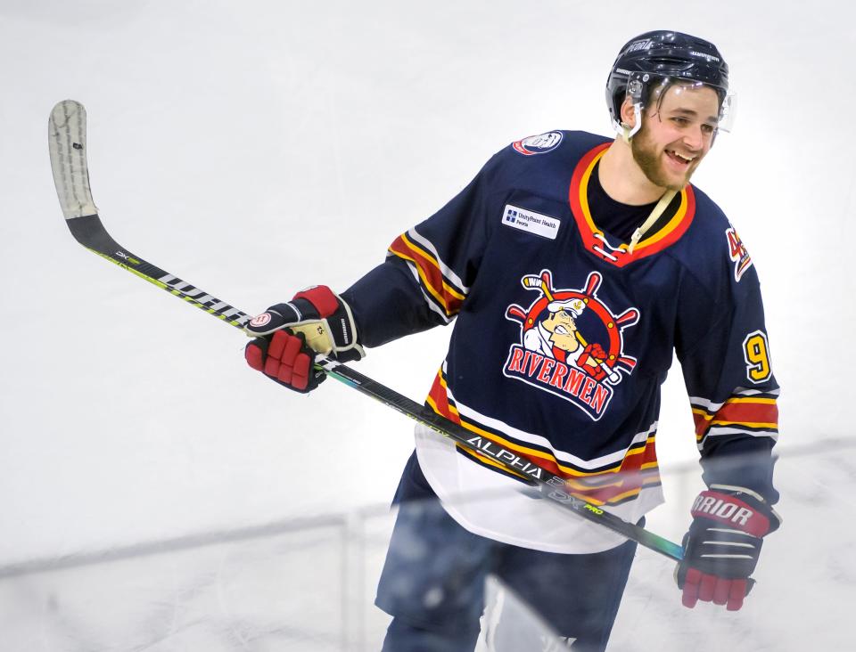 Peoria's Alec Baer is all smiles for the fans after their 3-2 win over the Quad City Storm in Game 3 of the SPHL semifinals Saturday, April 23, 2022 at Carver Arena in Peoria. The Rivermen advance to the finals against the Roanoke Rail Yard Dawgs.
