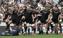 The New Zealand team perform the haka ahead of the second Bledisloe Rugby test between the All Blacks and the Wallabies at Eden Park in Auckland, New Zealand, Sunday, Oct. 18, 2020. (AP Photo/Mark Baker)