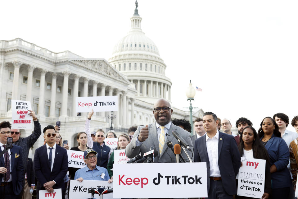 WASHINGTON, DC - MARCH 22: Congressman Jamaal Bowman (NY-16) speaks at a press conference with Reps. Bowman, Pocan, Garcia, and TikTok creators at the U.S. Capitol in support of free expression on March 22, 2023 in Washington, DC. (Photo by Tasos Katopodis/Getty Images  for TikTok)