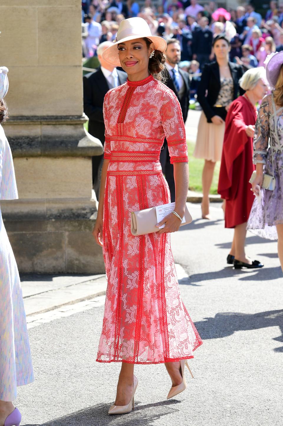 <p>WHO: Gina Torres</p> <p>WHAT: Costarellos</p> <p>WHERE: At the royal wedding, Windsor, England</p> <p>WHEN: May 19, 2018</p>