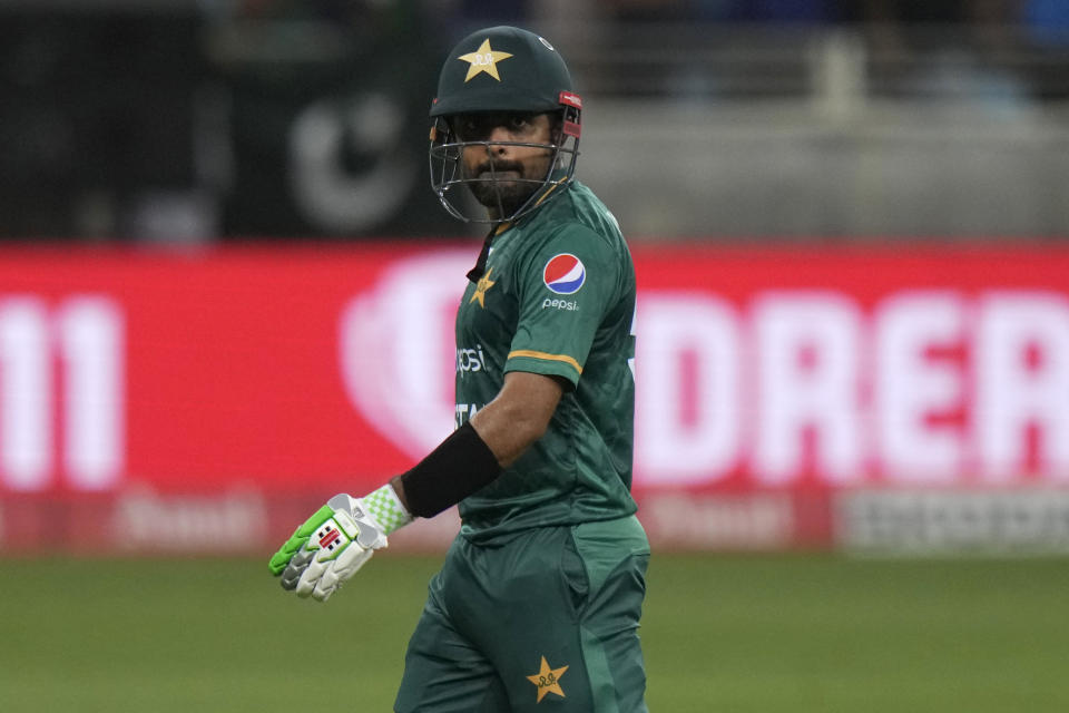 Pakistan's captain Babar Azam reacts as he walks off the field after losing his wicket during the T20 cricket match of Asia Cup between India and Pakistan, in Dubai, United Arab Emirates, Sunday, Sept. 4, 2022. (AP Photo/Anjum Naveed)