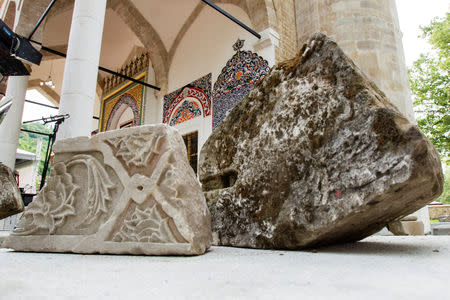 Stones from old Aladza Mosque that was demolished at the beginning of the Bosnian war, are seen in Foca, Bosnia and Herzegovina, May 4, 2019. REUTERS/Stevo Vasiljevic