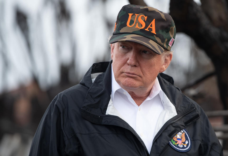 Donald Trump views damage from wildfires in Malibu, Calif., on Nov, 17, 2018. (Photo: Saul Loeb/AFP/Getty Images)