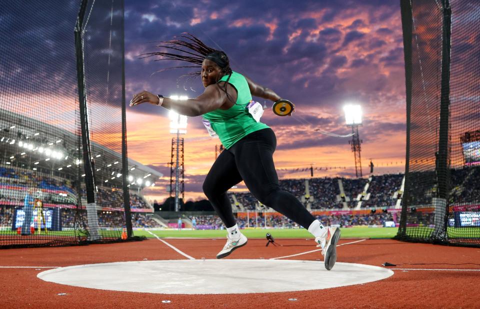 Nigeria's Chioma Onyekwere competes during the Women's Discus Throw Final during the Birmingham 2022 Commonwealth Games in the Birmingham, England.