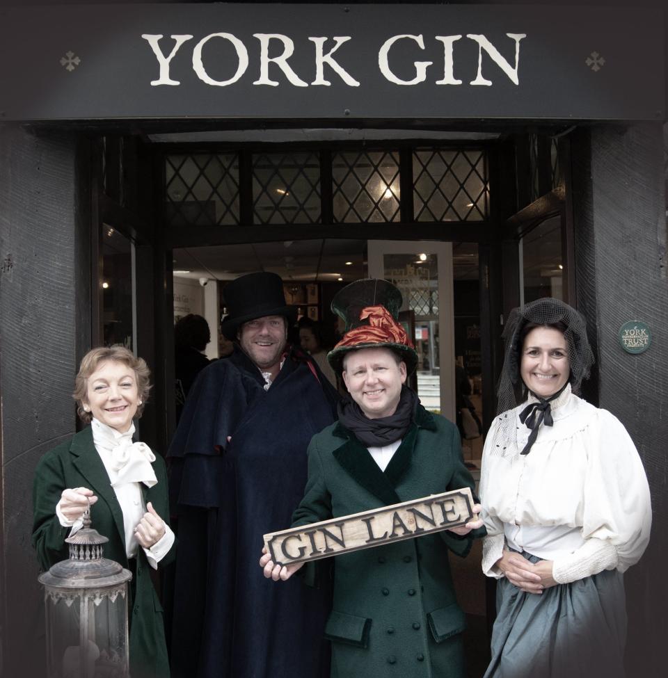 Sandie Tanner-Smith, manager of the York Gin shop, York Gin co-founders, Pete McNichol, Paul Crossman, Emma Godivala. (PA)