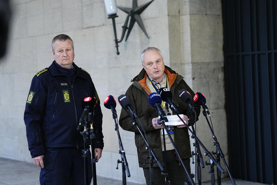 Chief police inspector and operational chief of PET Flemming Drejer, right, and senior police inspector and head of emergency services in Copenhagen Police Peter Dahl give a press briefing on coordinated police action, at the police station in Copenhagen, Denmark, Thursday Dec. 14, 2023. PET and a number of the country's police circles have early Thursday morning made arrests in a coordinated action several places in Denmark. The operation was carried out on the basis of suspicion of preparation for a terrorist attack. (Martin Sylvest/Ritzau Scanpix via AP)