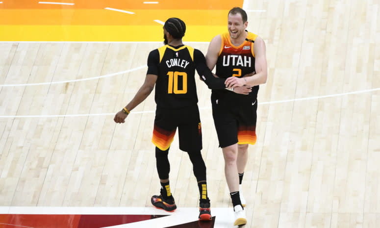 Mike Conley and Joe Ingles during Cleveland Cavaliers v Utah Jazz