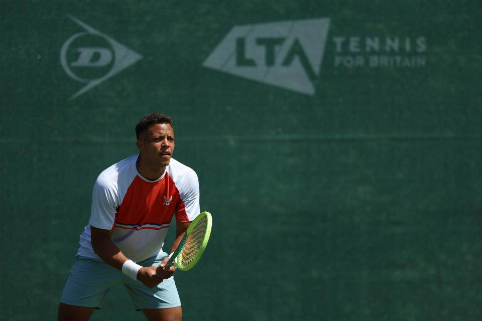 LONDON, ENGLAND - MAY 26: Jay Clarke of England practices at The National Tennis Centre on May 26, 2023 in London, England. (Photo by Luke Walker/Getty Images for LTA)