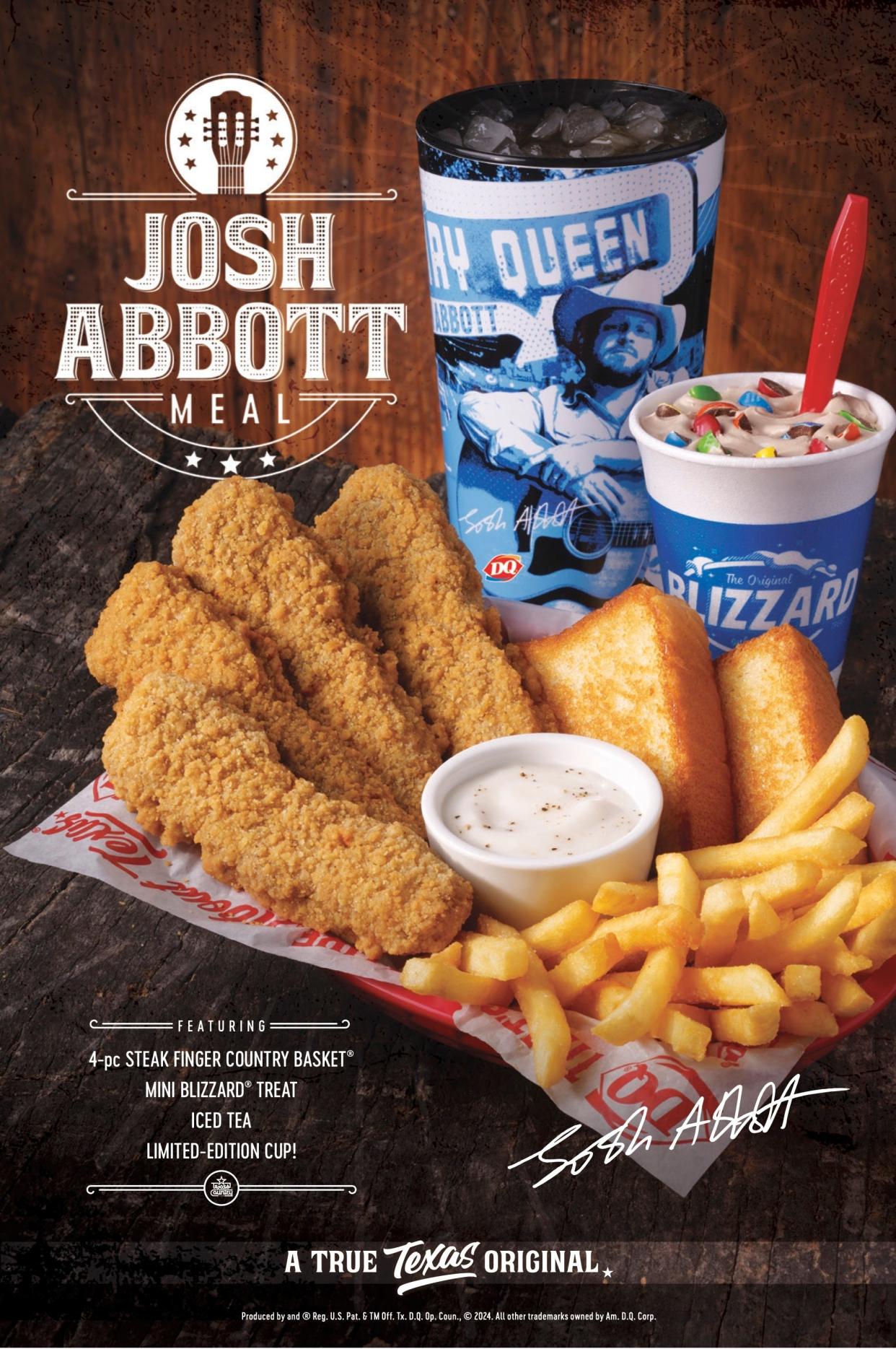 The Josh Abbott Meal features a 4-piece Steak Finger Country Basket, a mini M&M’s® Milk Chocolate Blizzard® Treat, a refreshing Iced Tea, and a collectible limited-edition Josh Abbott cup. The meal is available from April 29 to May 26 at participating restaurants.