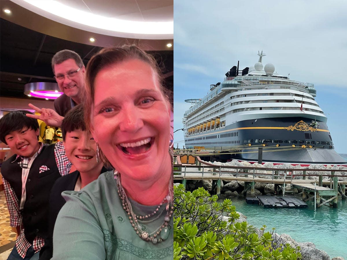 jill posing for a selfie with her family next to an external shot of a disney cruise ship