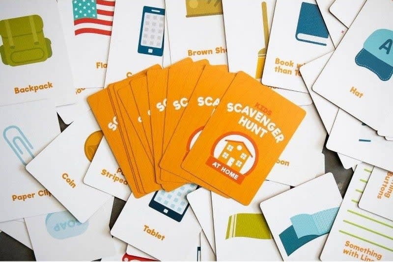 Assorted Scavenger Hunt game cards spread out on a surface