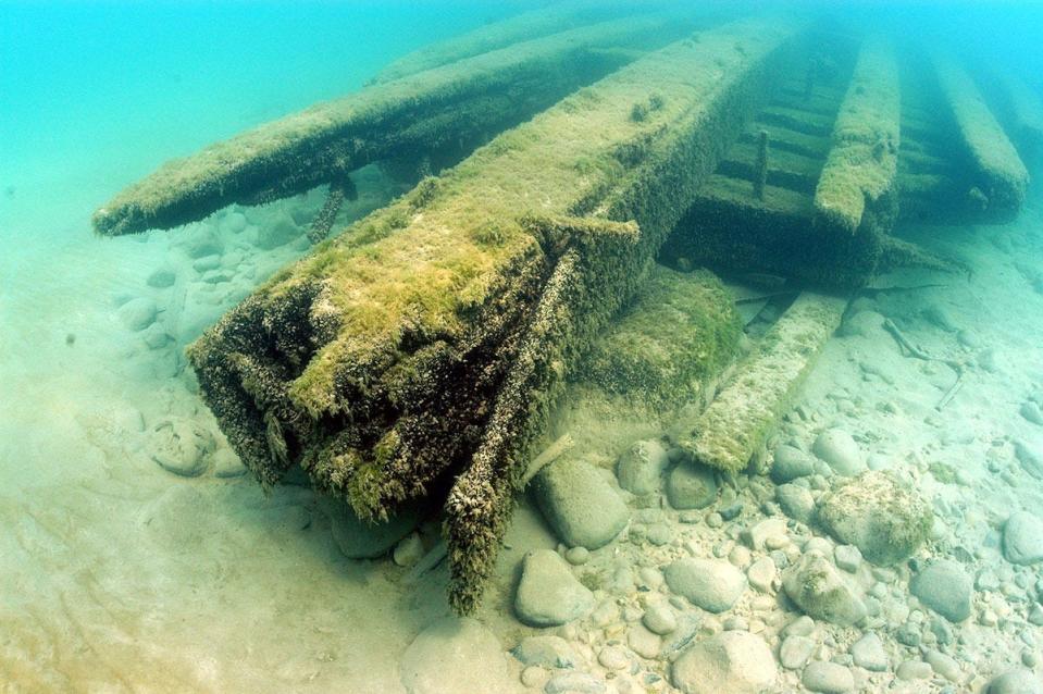 Part of the wreckage of the Appomattox still survives in Lake Michigan. This is its iron-lined keelson, a distinctive feature of vessels built by James Davidson.