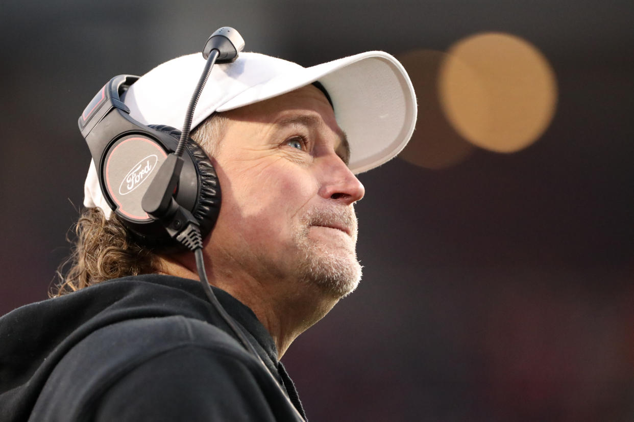 CINCINNATI, OH - DECEMBER 04: Houston Cougars head coach Dana Holgorsen looks at the scoreboard during the game against the Houston Cougars and the Cincinnati Bearcats on December 4, 2021, at Nippert Stadium in Cincinnati, OH. (Photo by Ian Johnson/Icon Sportswire via Getty Images)