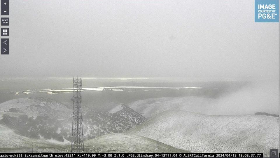 Snowfall was spotted from the McKittrick Summit ALERTCalifornia trail camera in Kern County, California on Saturday, April 13, 2024. The camera looks back on San Luis Obispo County and Soda Lake, showing a dusting of snow along the Temblor Range.