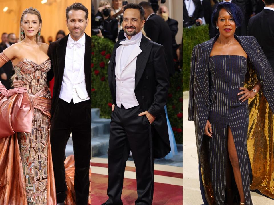 Three side-by-side red carpet images show Blake Lively and her husband Ryan Reynolds, Lin Manuel Miranda, and Regina King.