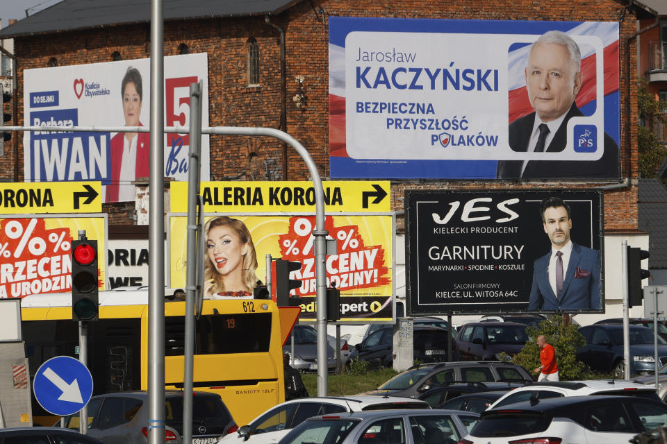 A political campaign billboard for the head of Poland's ruling party Jaroslaw Kaczynski hangs on a building in Kielce, Poland, Wednesday, Oct. 11, 2023. Poland is holding a parliamentary election on Oct. 15 which many Poles view as the most important once since the nation threw off communist rule in 1989. (AP Photo/Michal Dyjuk)