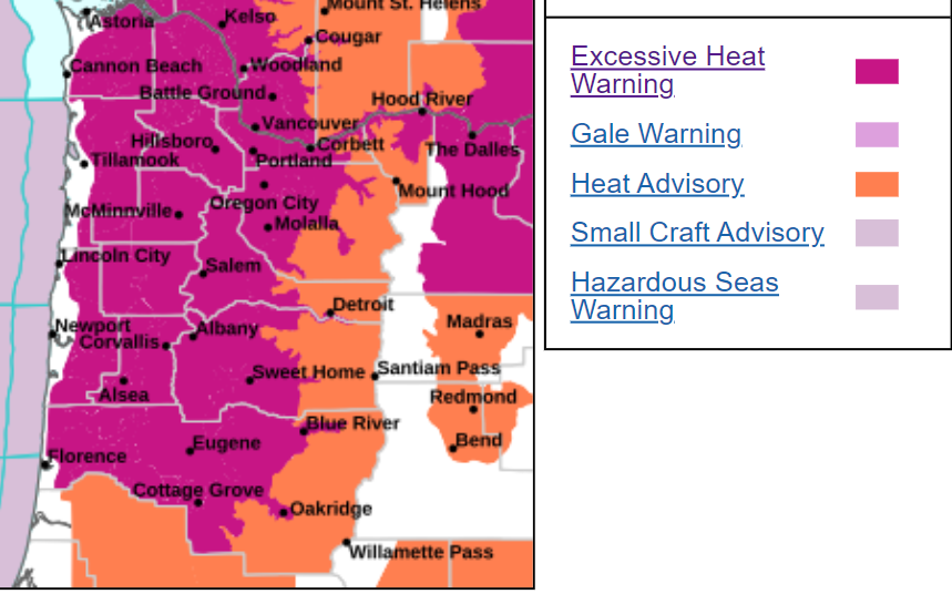 <em>The National Weather Service has issued heat advisories and excessive heat warnings for much of Oregon during the holiday weekend. The Oregon Coast will be significantly cooler. (NWS)</em>