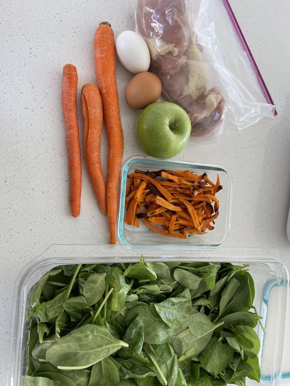 Stray veggies, eggs, and chicken from the author's fridge